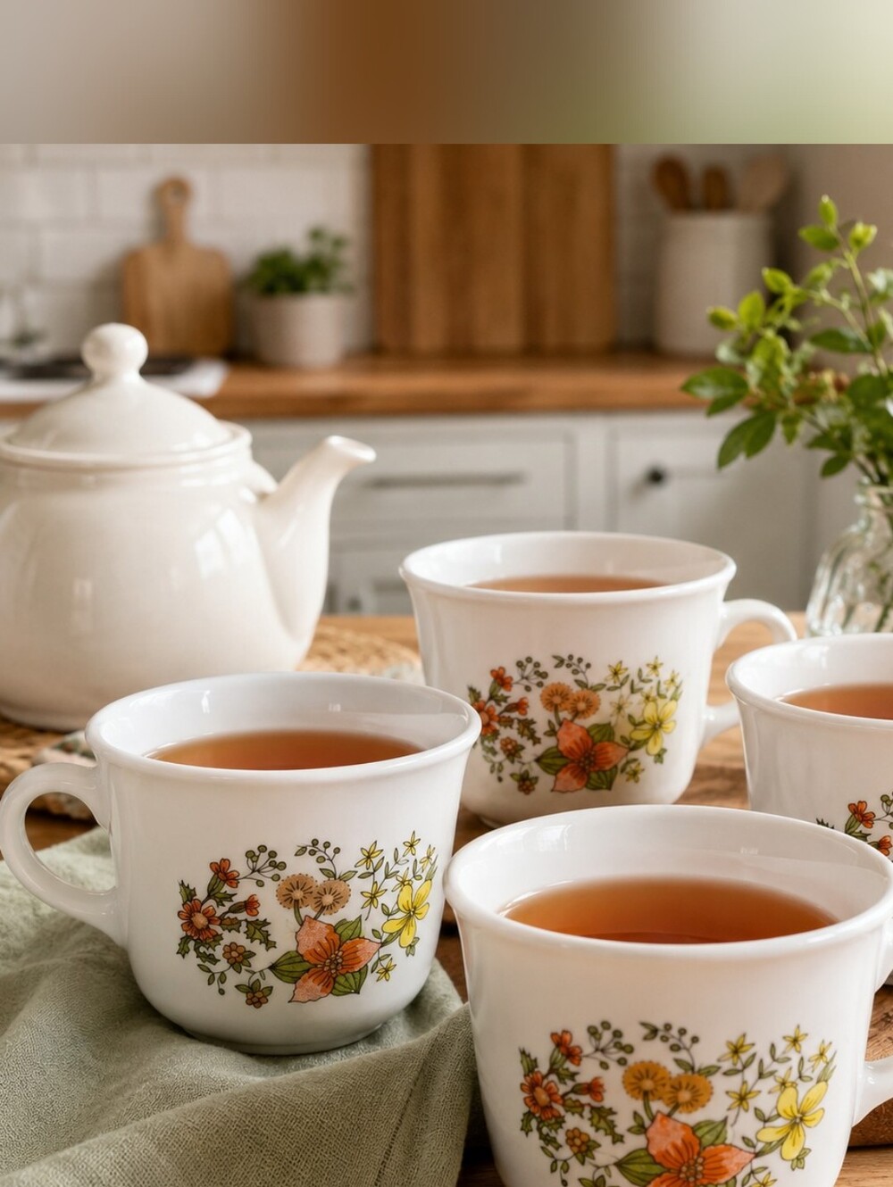 Vintage Corelle Floral Tea Cups Set of 4 by Corning